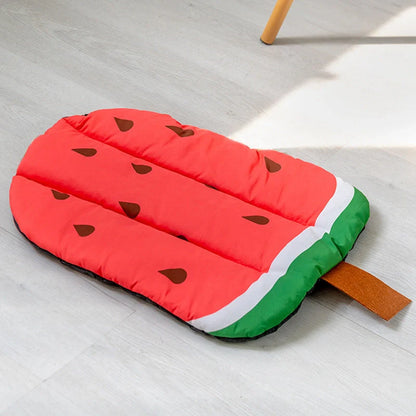 Ice Silk Pet Cooling Mat in various fruit designs for summer comfort