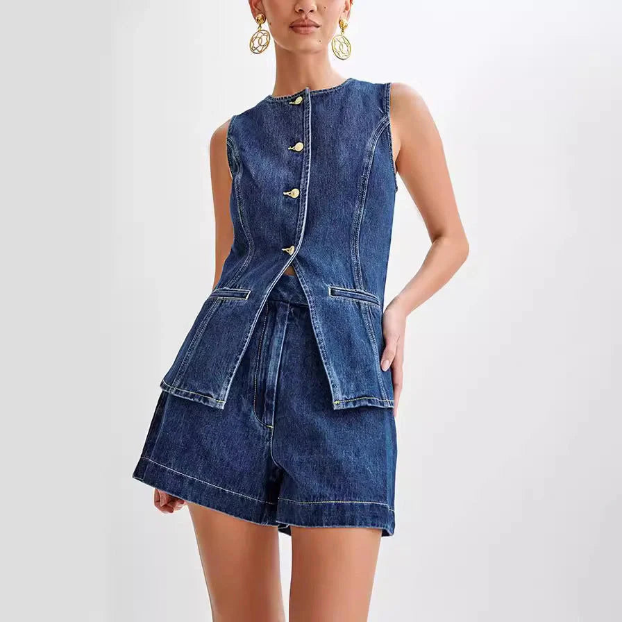 Stylish women's denim vest and high waist shorts set for summer casual wear