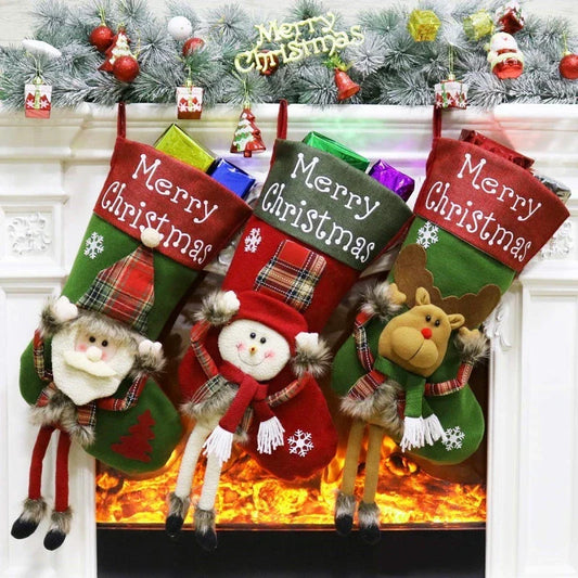 Extra-large Christmas stockings with 3D applique designs of Santa, Snowman, and Reindeer