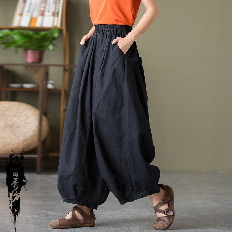 Women's sand-washed linen cotton bloomers in dark coffee, dark green, plain white, and jet black