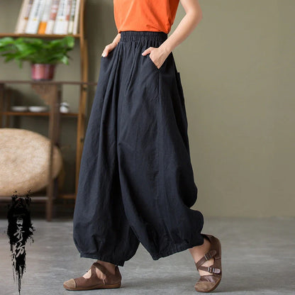 Women's sand-washed linen cotton bloomers in dark coffee, dark green, plain white, and jet black