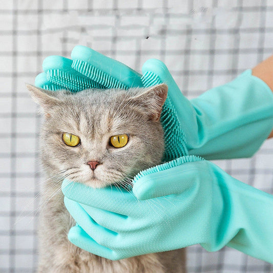 Silicone pet grooming glove in green and blue for small dogs and cats