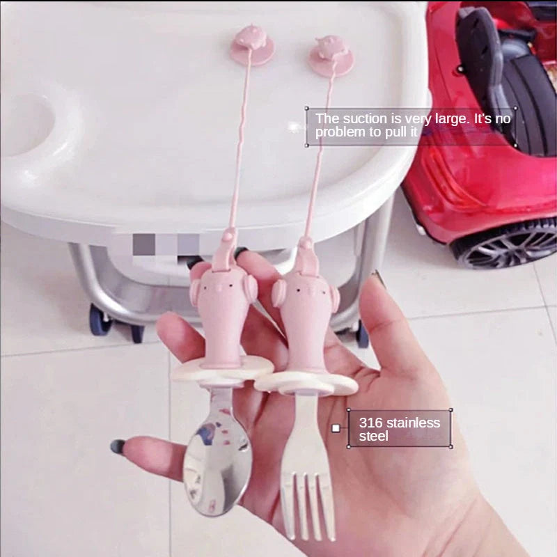 Stainless steel infant training spoon and fork set with silicone anti-drop chain and suction cup
