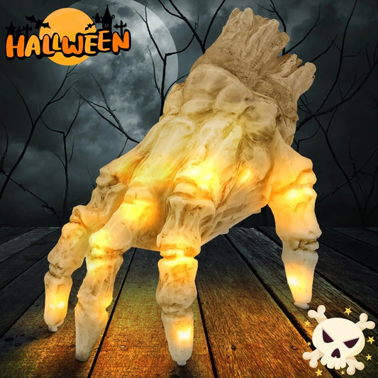 Realistic glowing zombie hand Halloween decoration with spooky sound and movement