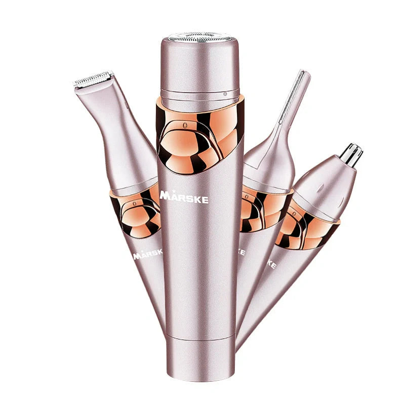 Four-in-one electric shaver for armpit, leg, eyebrow, and nose hair removal in light fuchsia