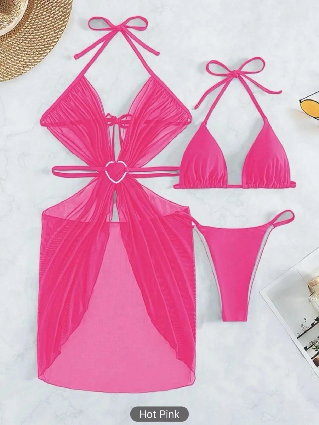 Women's 3-piece halter neck bikini set in solid colours for beach and summer