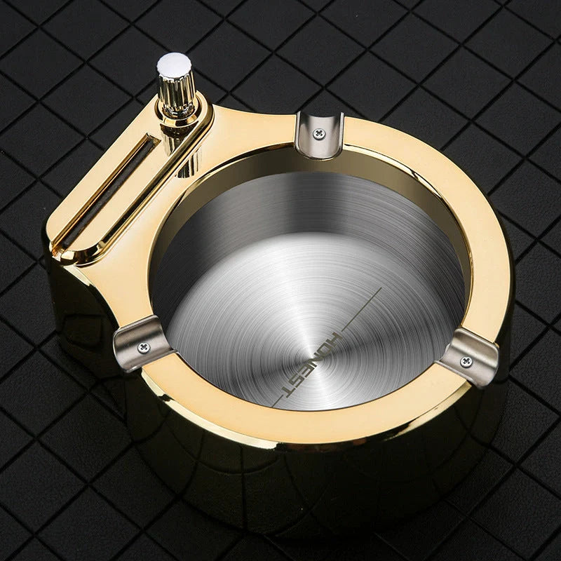 Large metal ashtray with permanent match lighter and cigarette slots