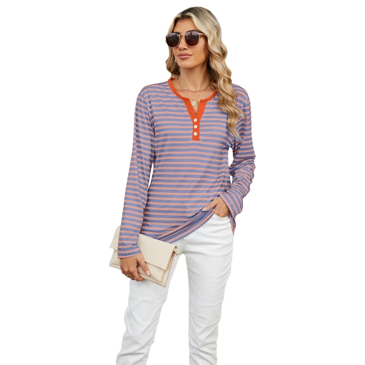 Women's V-neck striped loose long-sleeved t-shirt top in various colours