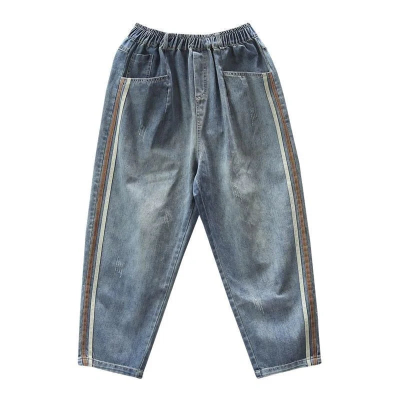 Artsy Side Striped Patchwork Jeans in deep blue with unique design