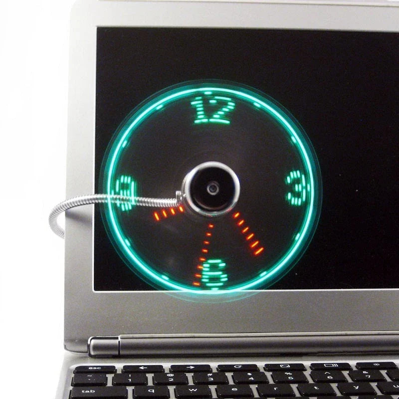 Adjustable USB desktop fan with LED light and digital clock, providing customizable airflow and workspace convenience