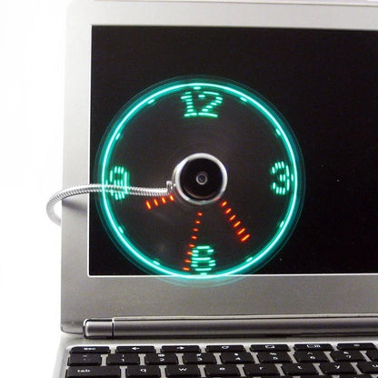 Adjustable USB desktop fan with LED light and digital clock, providing customizable airflow and workspace convenience