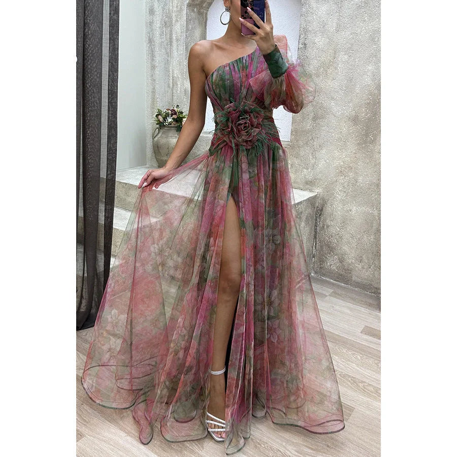 Stylish mesh tie-dye off-shoulder slit dress for summer parties and events