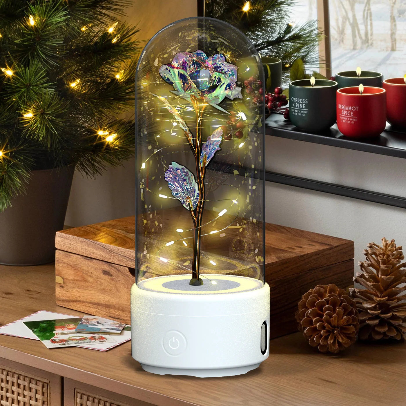 Elegant LED rose light with Bluetooth speaker in glass cover