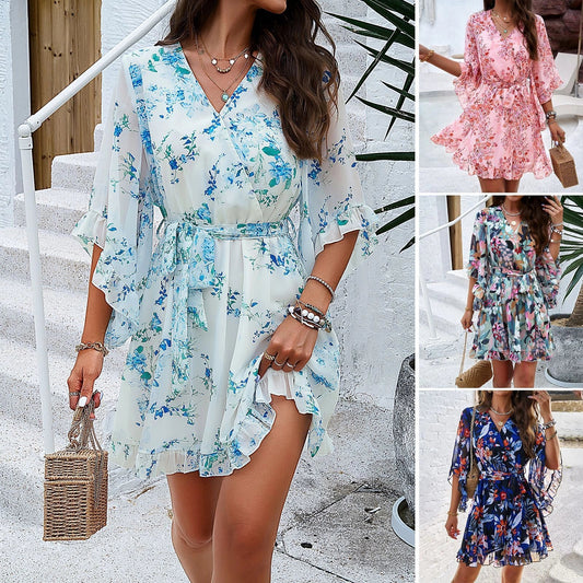 Summer floral print V-neck short sleeve dress with lace-up ruffles in various colours