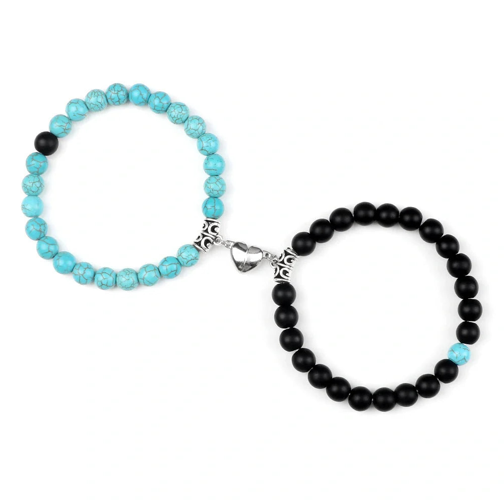 Turquoise Peach Heart Magnet Couple Design Bracelet with chamfered square pattern and magnetic clasp