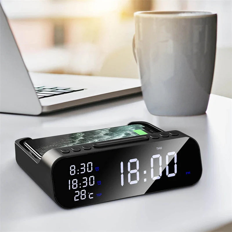 15W Three-in-one Wireless Charger with Temperature Tester and Multi Alarm Clock in black and white