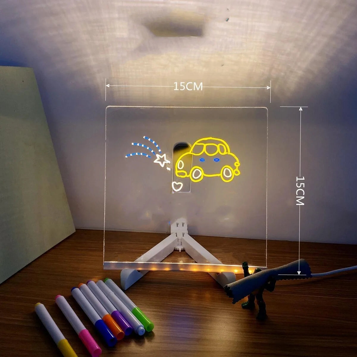 Acrylic DIY Note Board LED Night Light with 7 pens on a desk