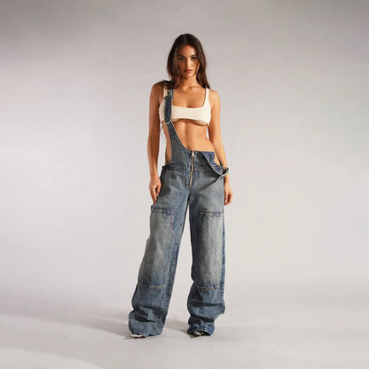 Stylish denim overalls with adjustable suspender straps, front and back pockets, and a comfortable micro-elastic fit, available in a variety of chic colors.