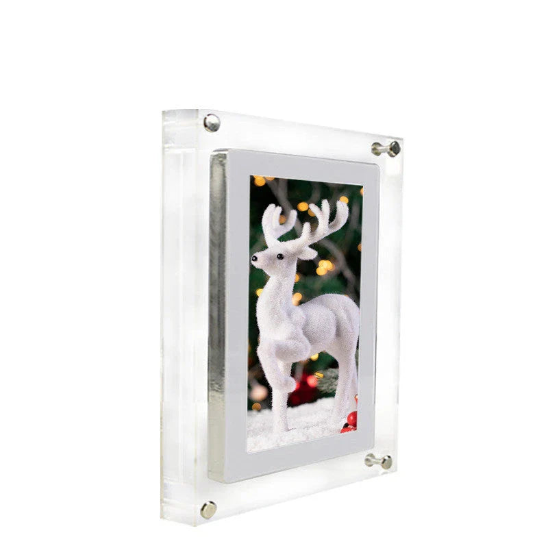 Stylish digital picture frame with acrylic exterior, supporting full HD video playback, automatic content recognition, and dual-speaker audio system