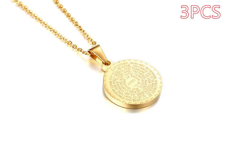 Premium stainless steel pendant with sparkling rhinestones and engraved English Scripture
