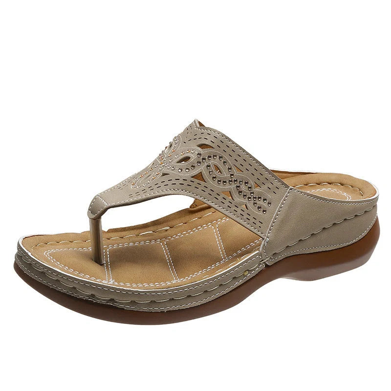 Women's clip toe wedge sandals with rhinestone accents in black, dark grey, and off-white