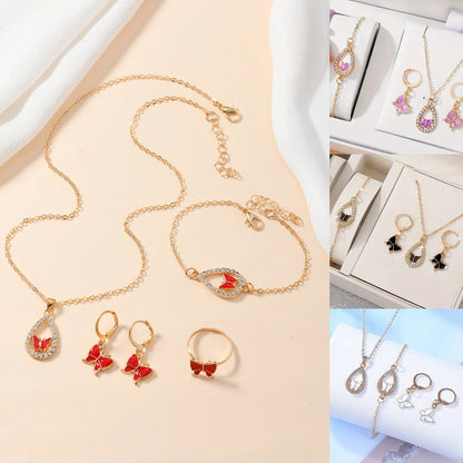4PCS women's butterfly jewellery set in alloy with necklace, bracelet, earrings, and ring