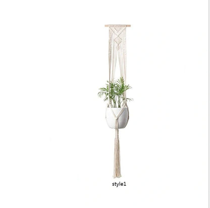 Handmade bohemian macrame hanging plant baskets in a set of four, perfect for home decor.