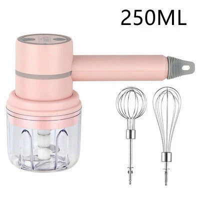 Rechargeable cordless electric hand mixer with 3-speed motor, whisk and egg beater attachments, and ergonomic design for easy baking and mixing