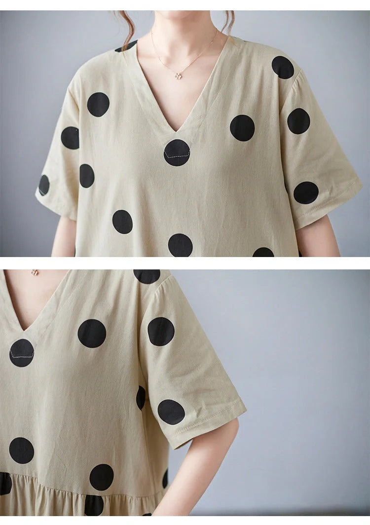 Breathable linen V-neck short-sleeved dress in apricot, perfect for summer