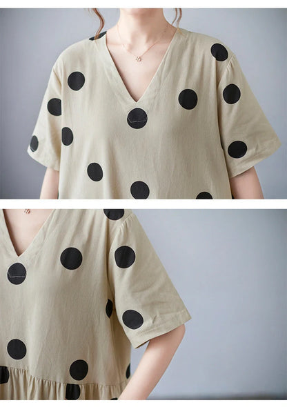 Breathable linen V-neck short-sleeved dress in apricot, perfect for summer