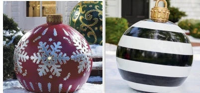 Inflatable Christmas baubles in various festive designs for outdoor holiday decoration