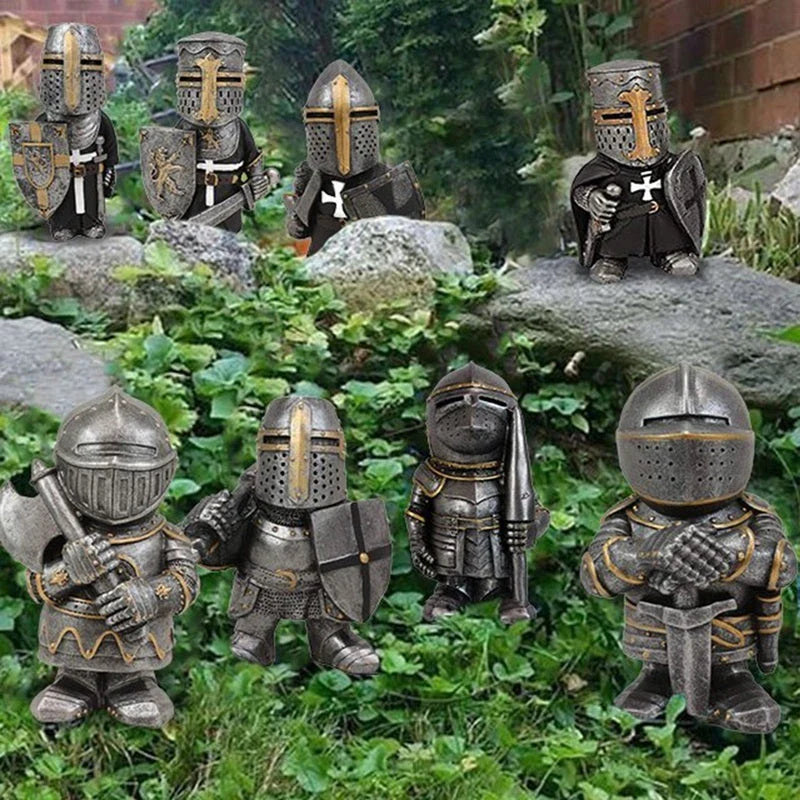 Whimsical resin dwarf knight statues in classic medieval armor and weaponry, standing guard over a garden or outdoor space