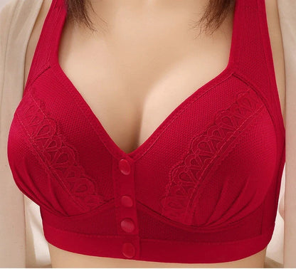 Vest style bra with thin front and open button design in various colours