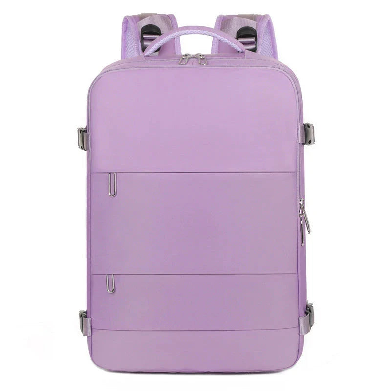 Spacious women's travel backpack with dry and wet compartments, waterproof construction, and comfortable air-cushioned harness