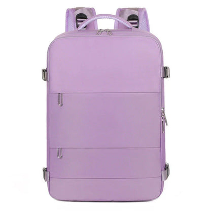 Spacious women's travel backpack with dry and wet compartments, waterproof construction, and comfortable air-cushioned harness