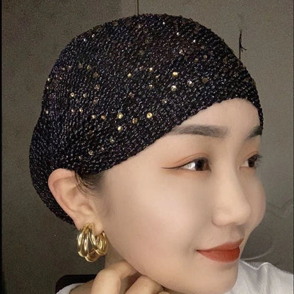 Stylish knitted beanie with elegant hot drilling pattern in various colours, including black, grey, wine red, ancient purple, and deep khaki