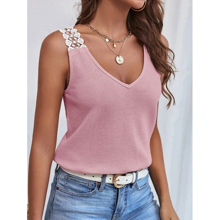 Waffle V-Neck Vest with lace detail, available in light grey, black, pink, brick red, and apricot