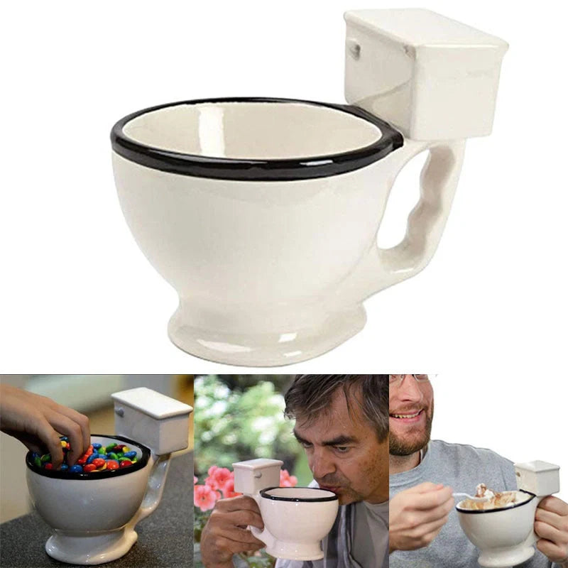 Toilet-shaped ceramic mug with handgrip, perfect for coffee or tea, holding 280ml.