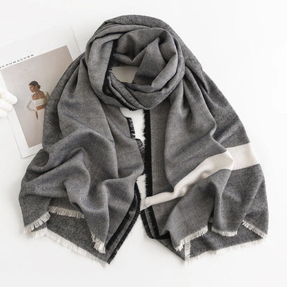 Herringbone pattern artificial cashmere scarf with tassel fringes