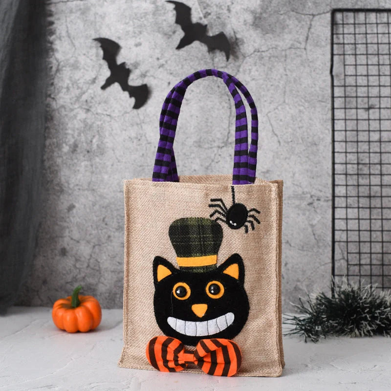 Halloween themed tote bag for kids featuring witch, skull, and pumpkin designs