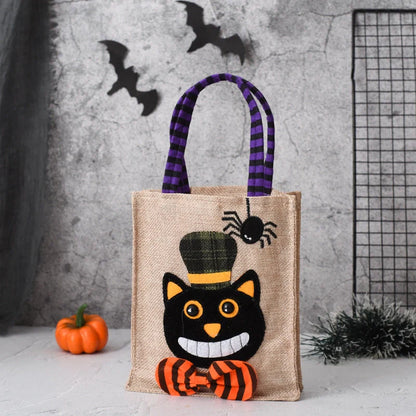 Halloween themed tote bag for kids featuring witch, skull, and pumpkin designs