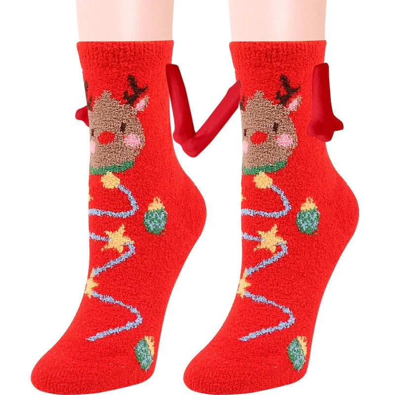 Christmas couple socks with magnetic suction feature for hand holding, festive 3D animal patterns