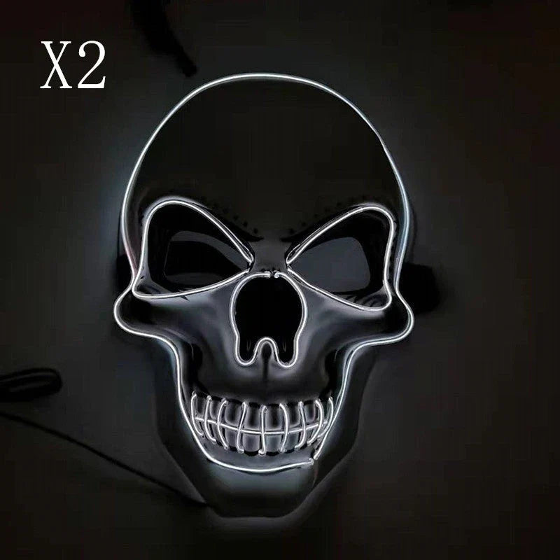 A glowing skull-shaped Halloween mask with adjustable straps and three lighting modes: constant, slow flash, and rapid pulse