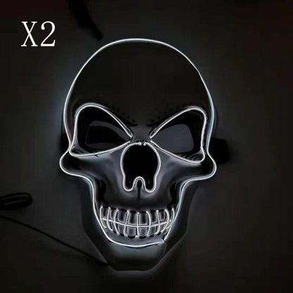 A glowing skull-shaped Halloween mask with adjustable straps and three lighting modes: constant, slow flash, and rapid pulse
