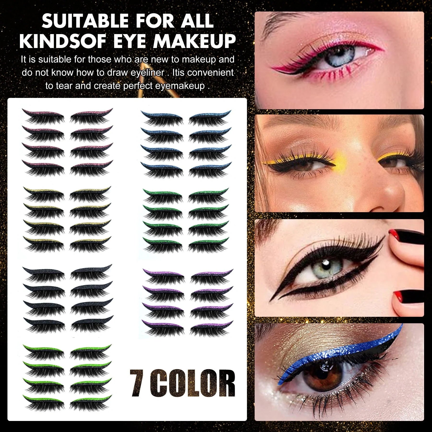 Glitter eyeliner stick and false eyelash set in various colours for eye makeup enhancement
