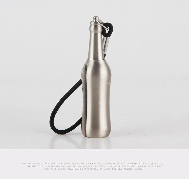 Metal keychain lighter with flint starter and bottle opener in various finishes