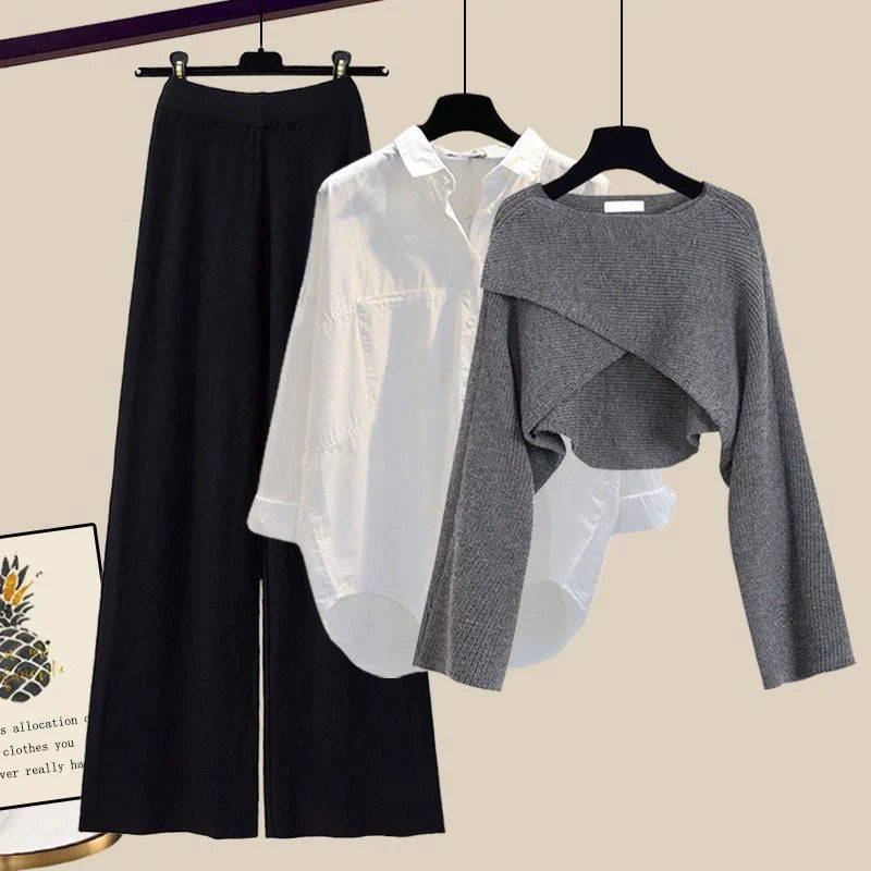 Women's 3-piece knitted sweater suit with shirt and wide leg pants in grey and white