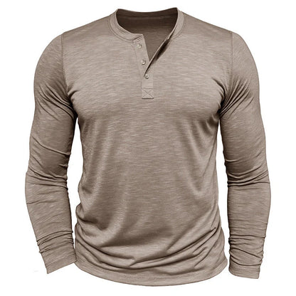 Men's Long-sleeved Henry Collar T-shirt in slub cotton, available in multiple colours