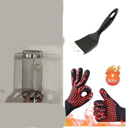 A stainless steel wire mesh grilling basket with a round shape, designed for versatile outdoor cooking and barbecue.