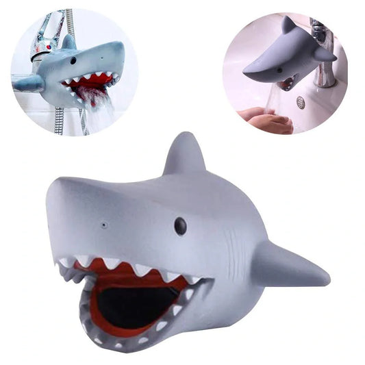 Child using silicone faucet extender for hand washing in grey shark design